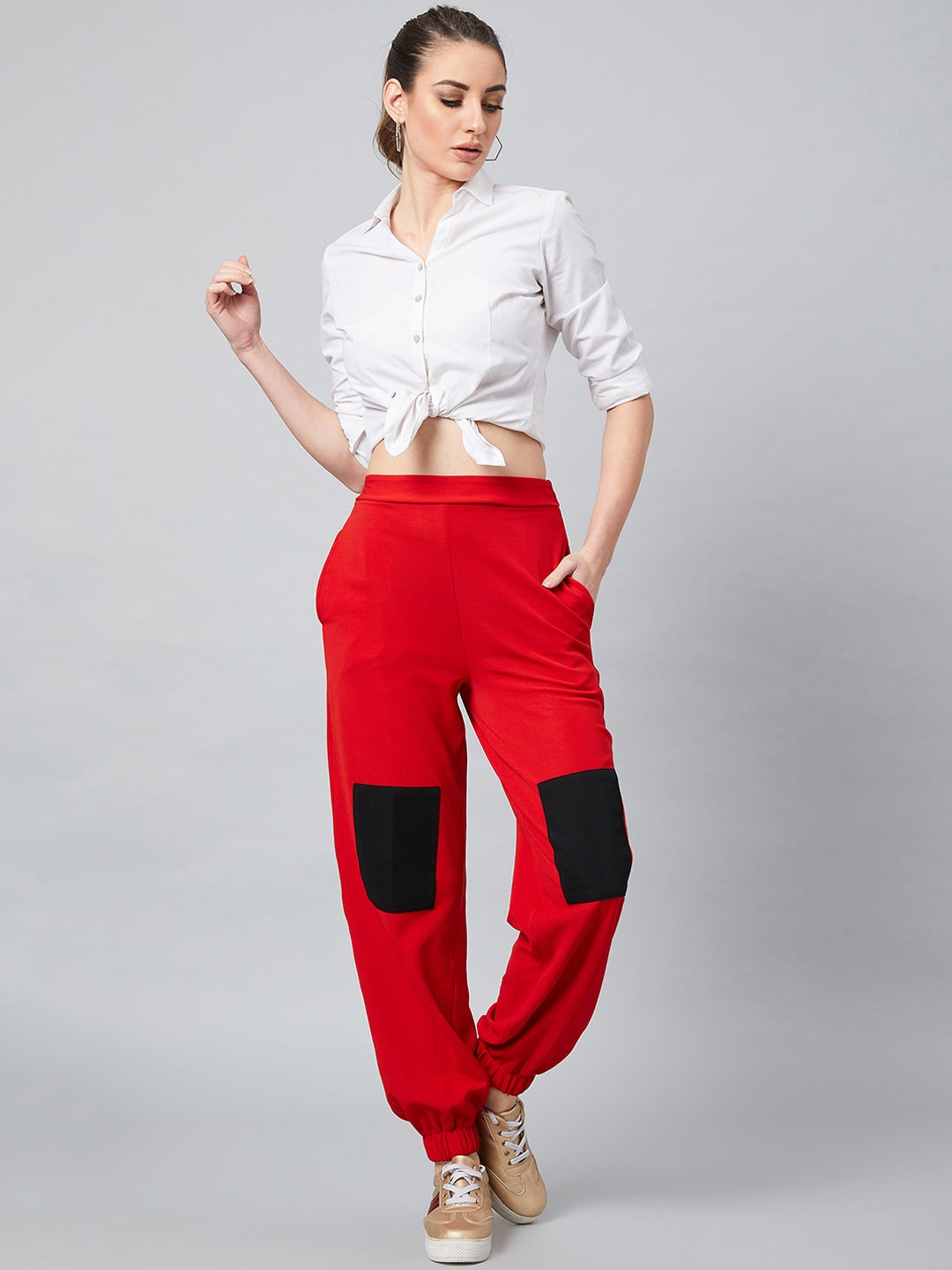 Red & Black Loose Fit Solid Joggers