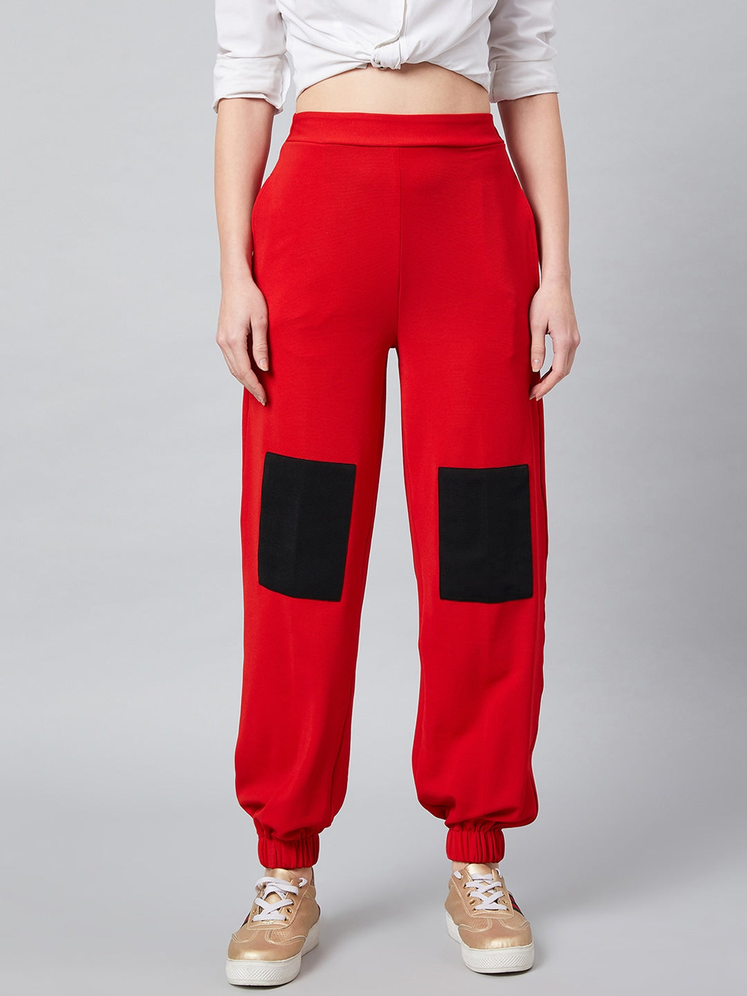 Red & Black Loose Fit Solid Joggers