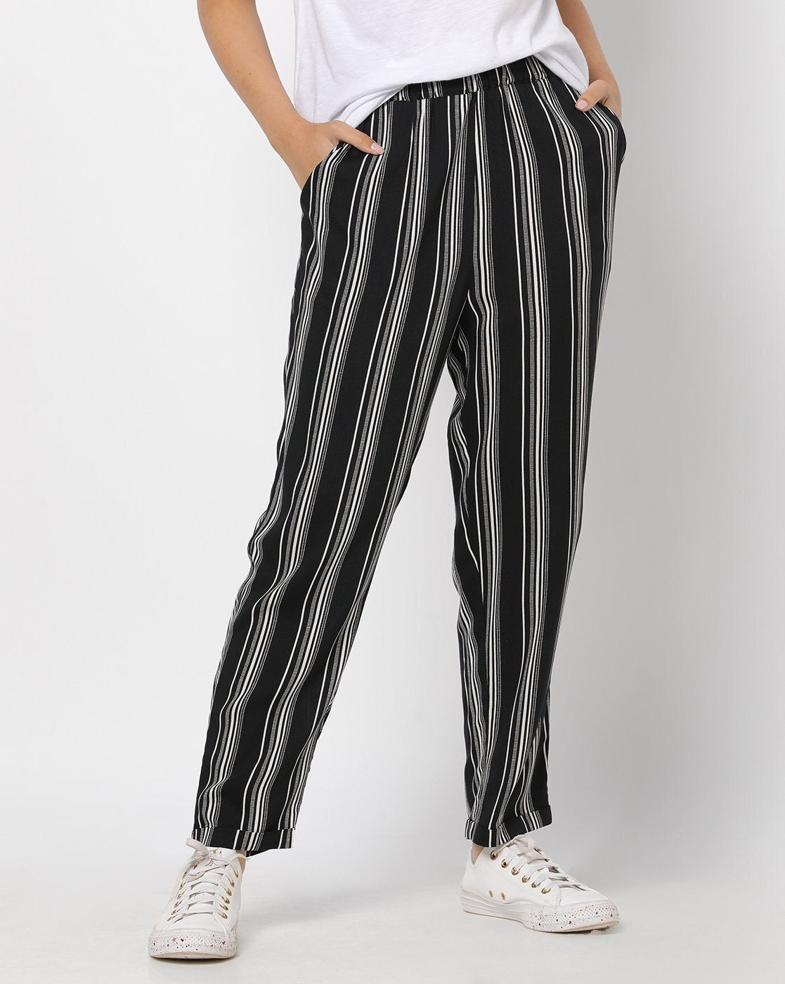 Striped Flat-Front Trousers with Insert Pockets