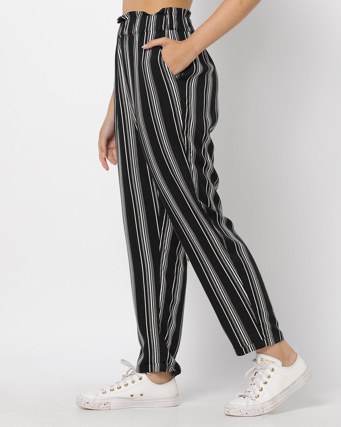 Striped Flat-Front Trousers with Insert Pockets