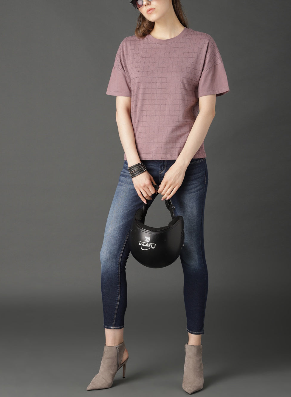 Peach-Coloured Printed Round Neck T-shirt