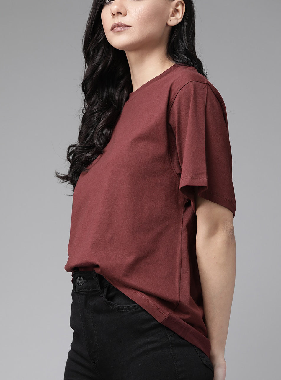 Maroon Solid Round Neck Pure Cotton T-shirt