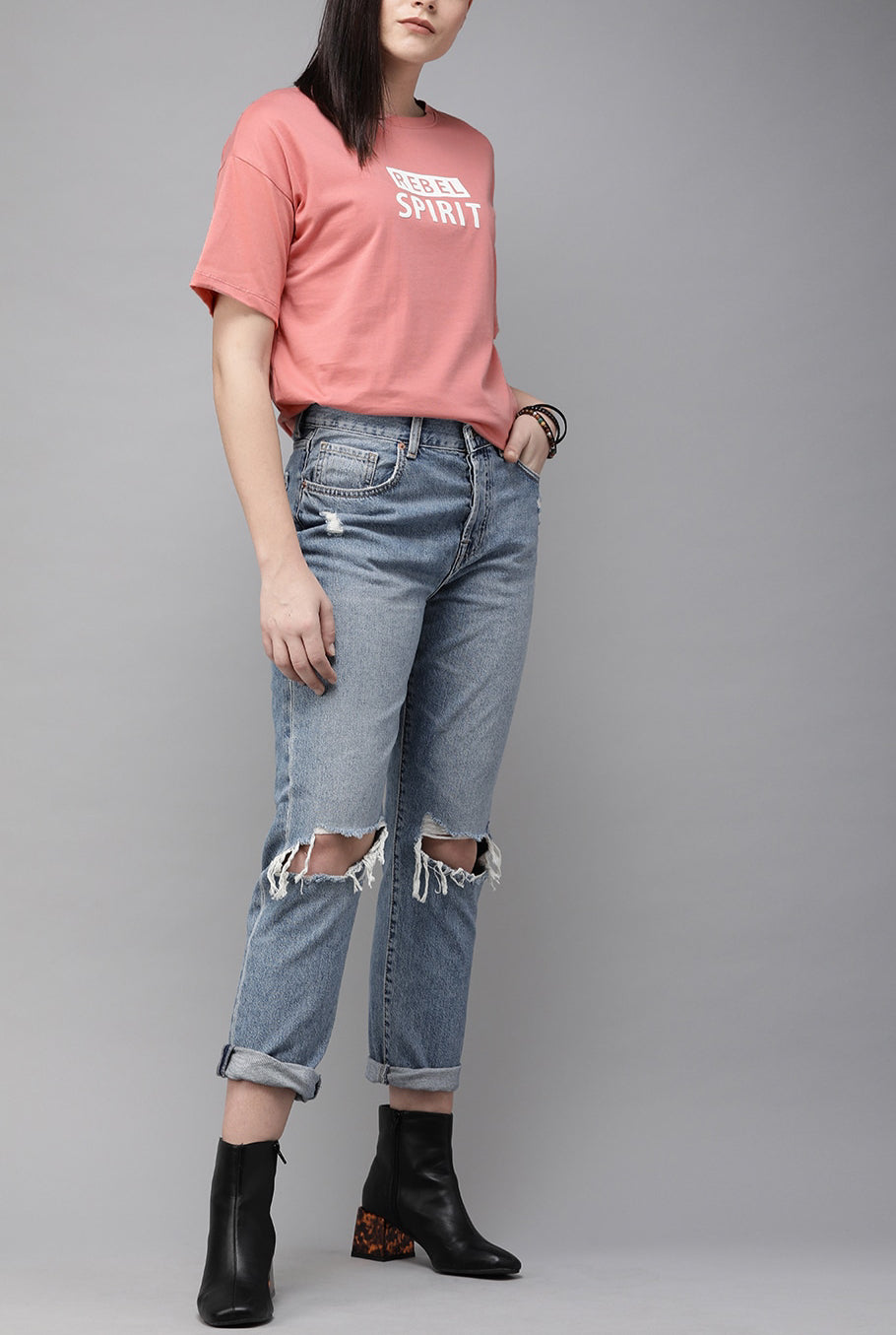 Pink White Printed Round Neck Pure Cotton T-shirt