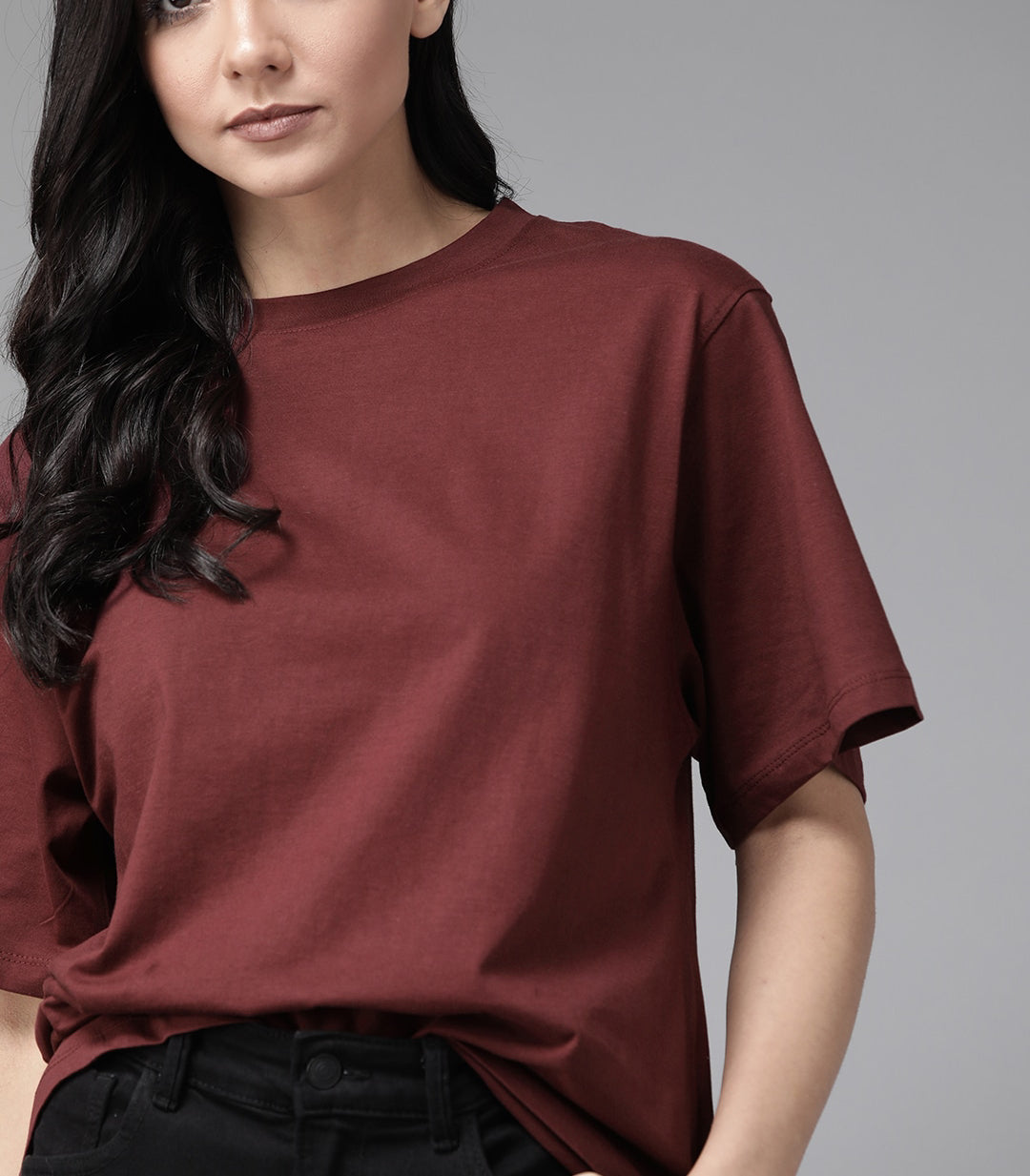 Maroon Solid Round Neck Pure Cotton T-shirt