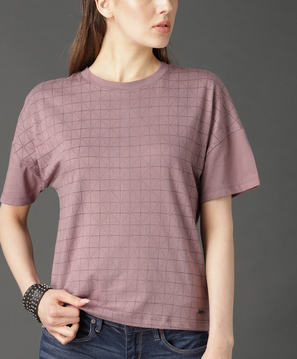 Peach-Coloured Printed Round Neck T-shirt