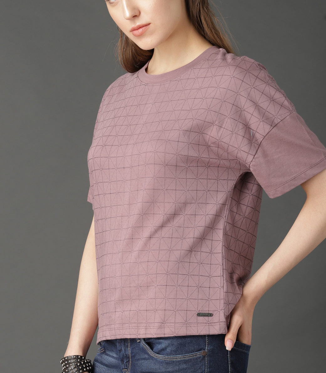 Peach-Coloured Printed Round Neck T-shirt