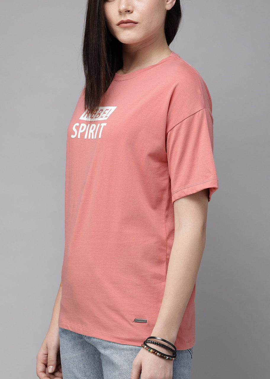 Pink White Printed Round Neck Pure Cotton T-shirt