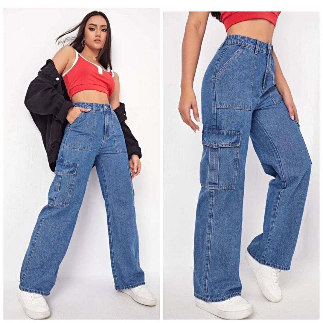 Wide Leg 6 Pocket Blue Jeans