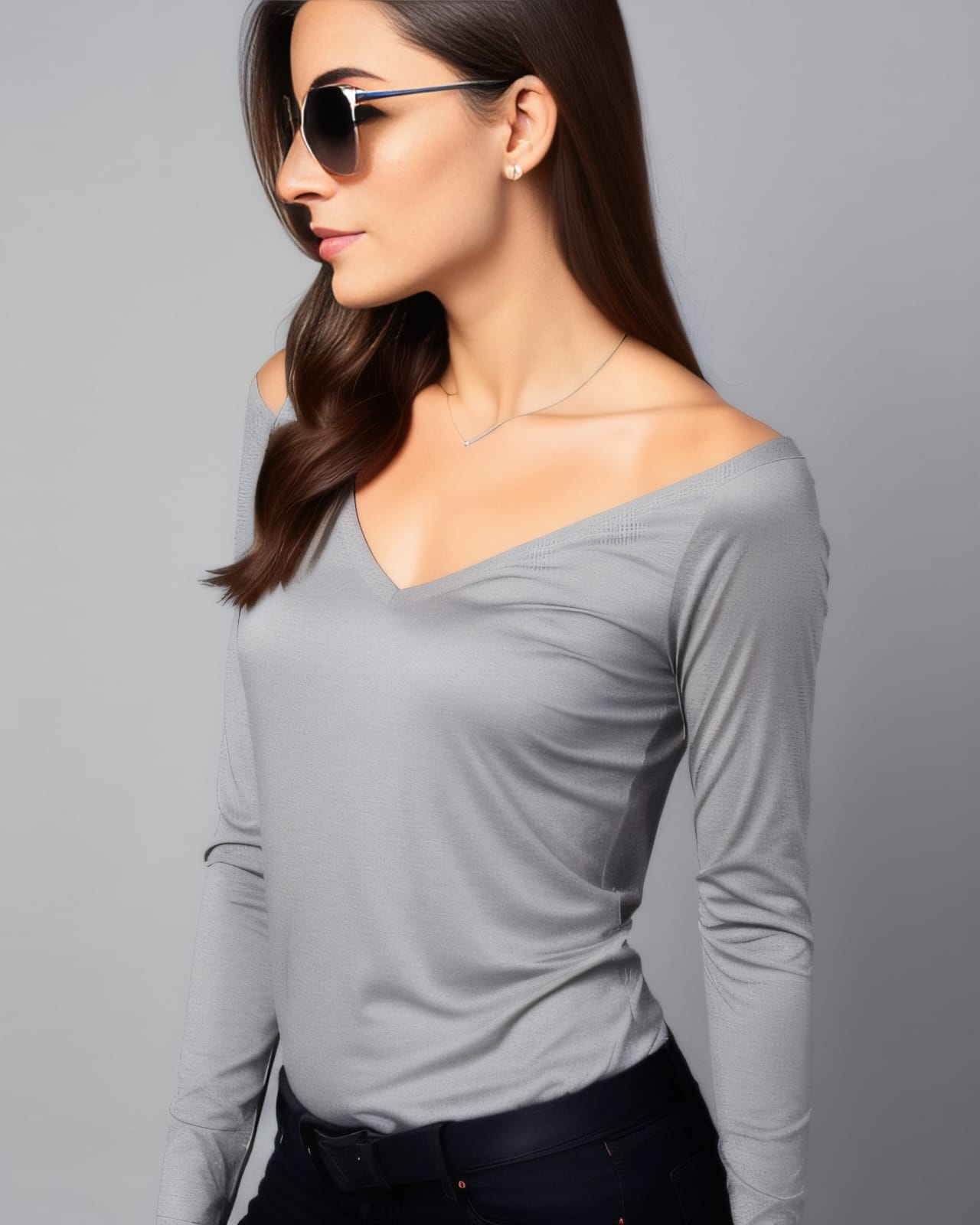 Grey Shoulder less Top With V Neck