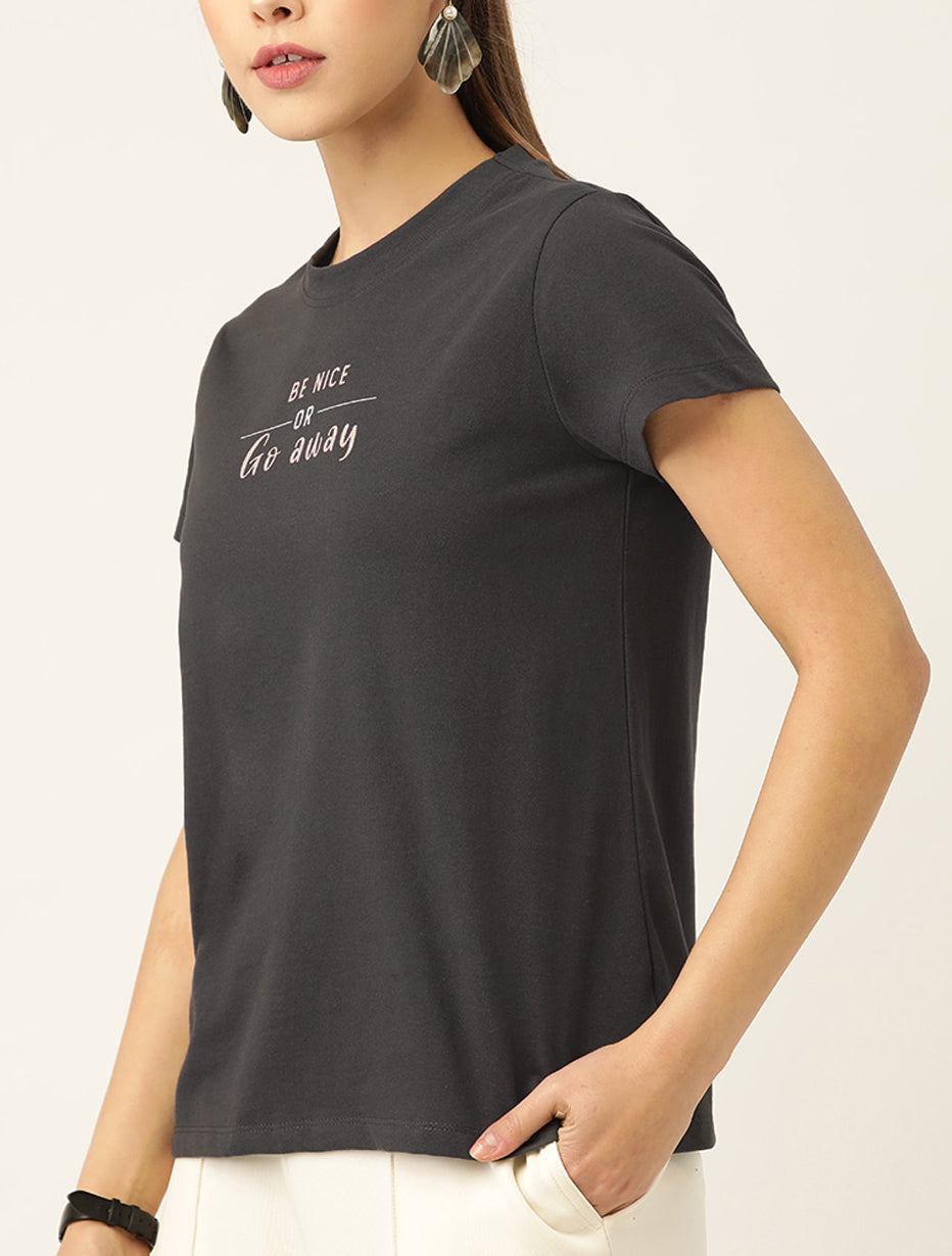 Charcoal Grey Typography Printed T-shirt